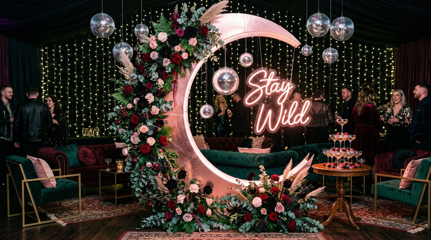 Giant rose gold crescent moon arch with neon sign, disco balls and champagne tower
