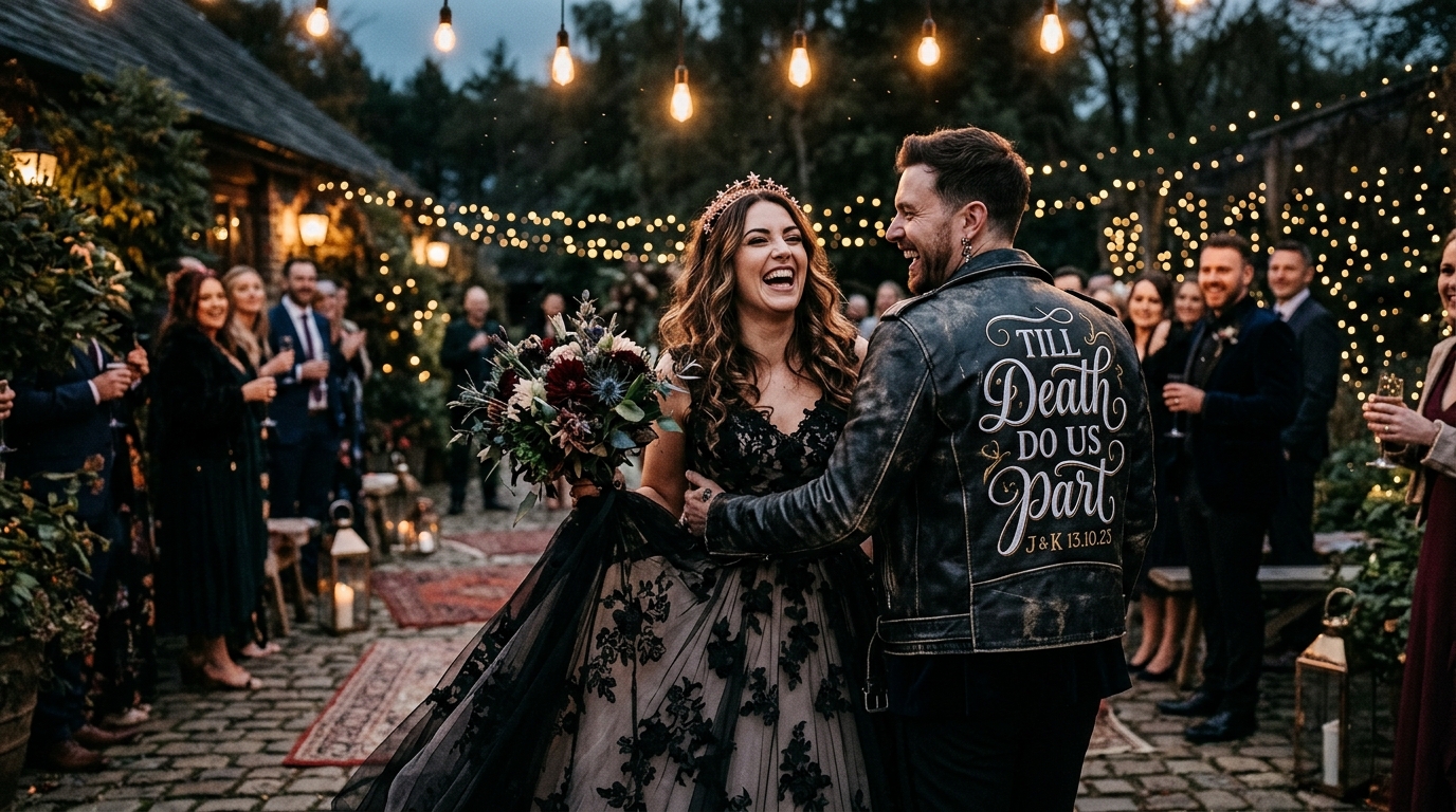 Alternative wedding couple in custom embroidered Till Death Do Us Part leather jacket