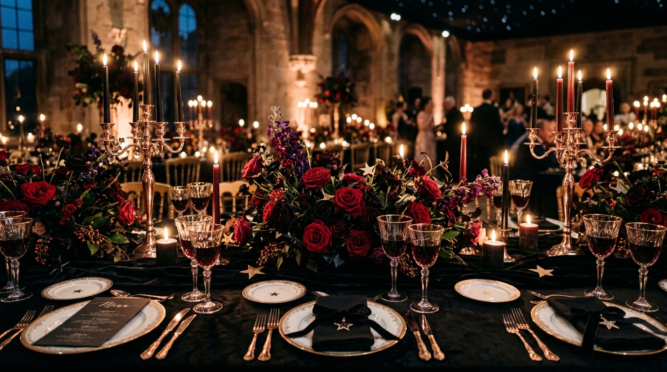 Dark romantic candlelit wedding banquet tablescape with crimson and black roses